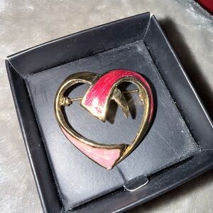Gold and Pink Heart Enamel Brooch
